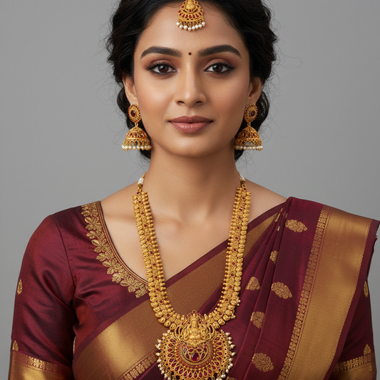 Wedding Necklace Set With Lakshmi - Red Stones & White Pearls