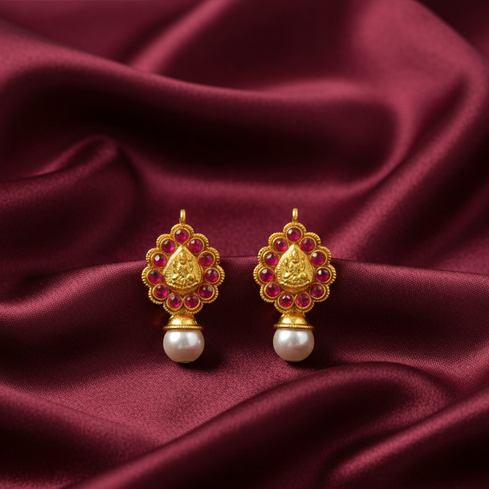 Golden Lakshmi Studs With Red Stones & White Pearls
