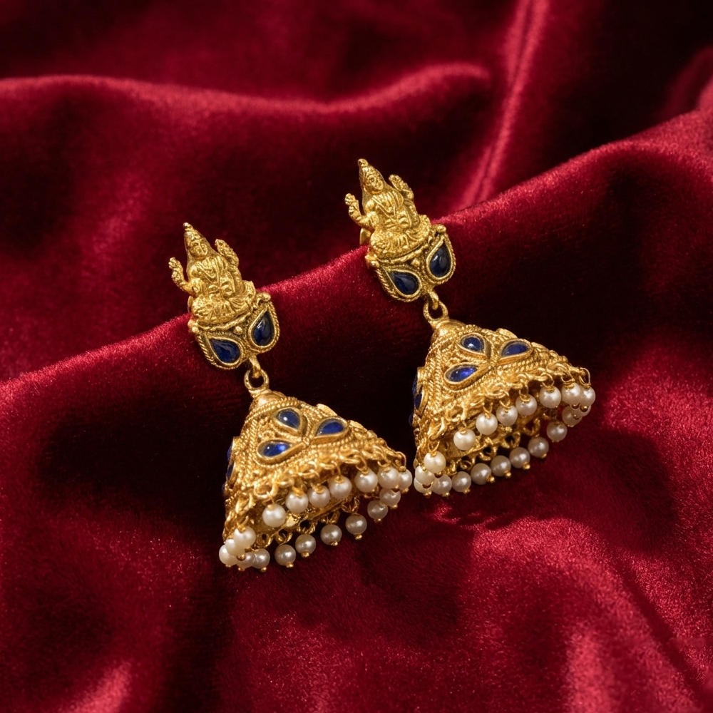 Lakshmi Stud Color Stone Hanging Pearls Jhumka
