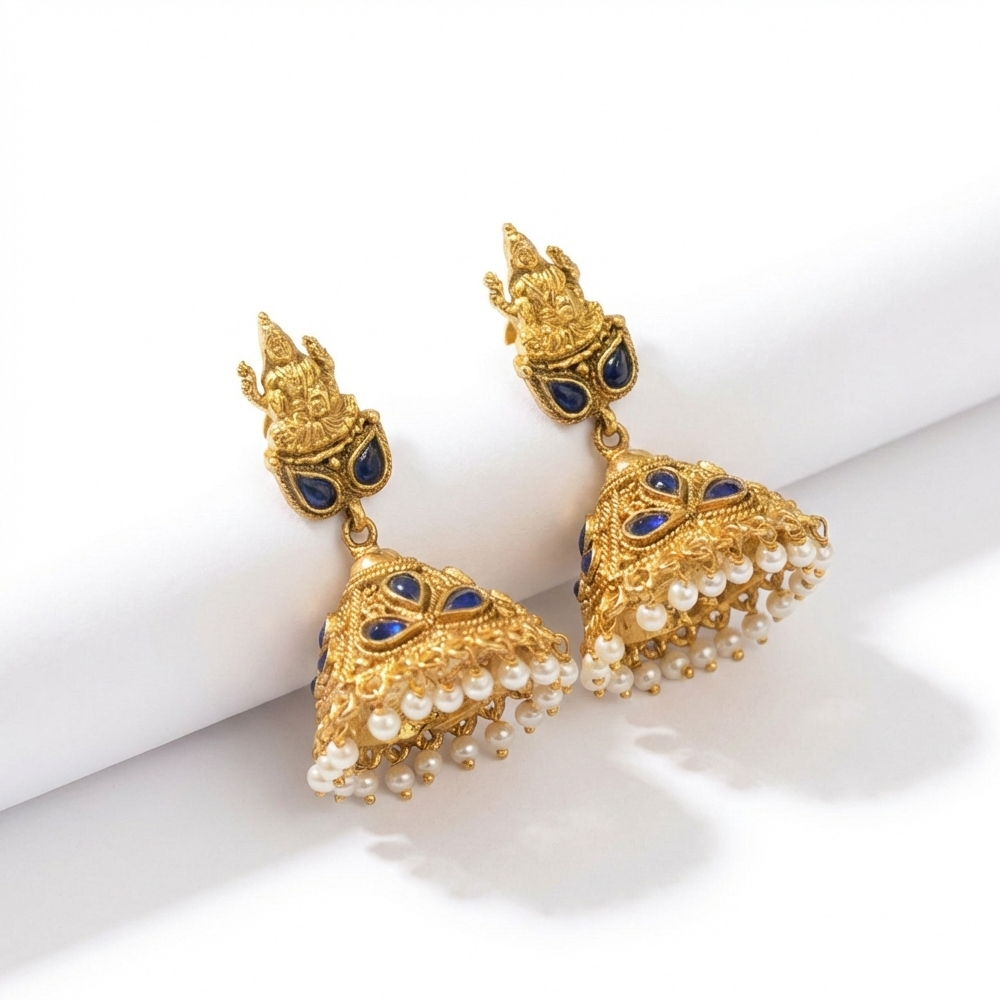 Lakshmi Stud Color Stone Hanging Pearls Jhumka