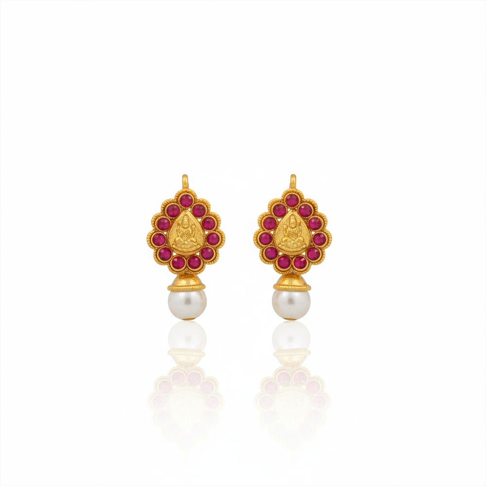 Golden Lakshmi Studs With Red Stones & White Pearls