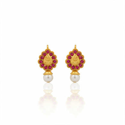 Golden Lakshmi Studs With Red Stones & White Pearls