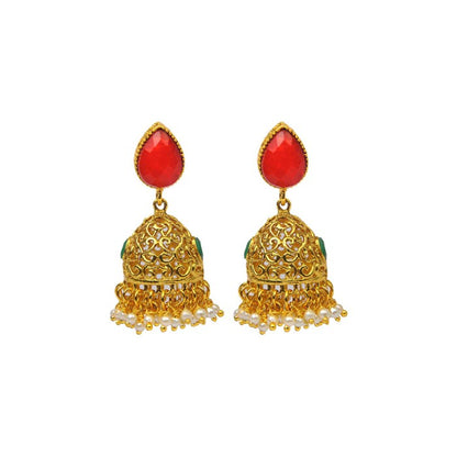 Golden Jhumka With Big Red Stone & White Pearls