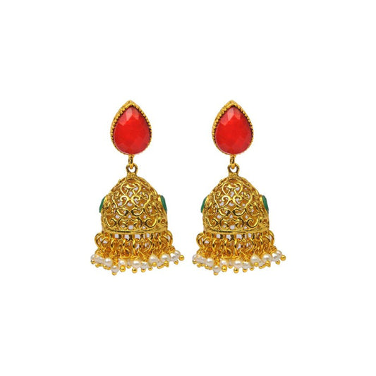 Golden Jhumka With Big Red Stone & White Pearls