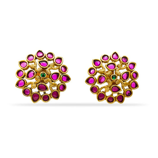 Gold Plated Flower Stud With Red Stones