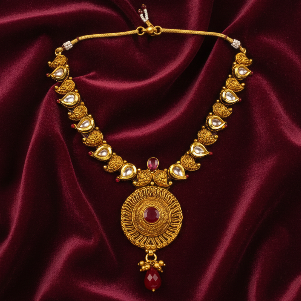 Round Thilak Red Stone Necklace With Kundan Stones
