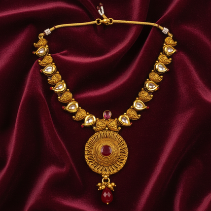 Round Thilak Red Stone Necklace With Kundan Stones