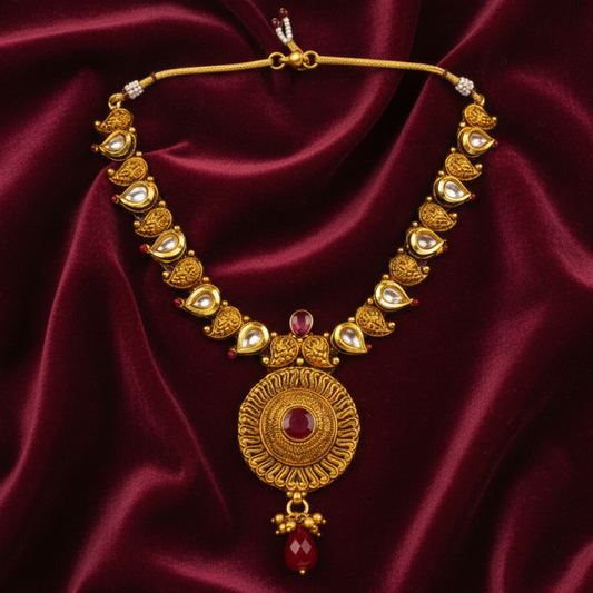 Round Thilak Red Stone Necklace With Kundan Stones
