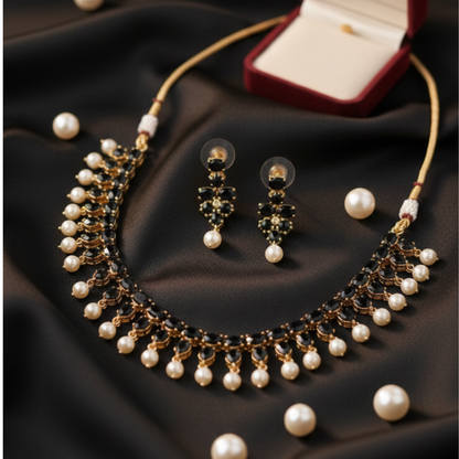 Gold Plated Black Artificial Stones & Pearls Necklace