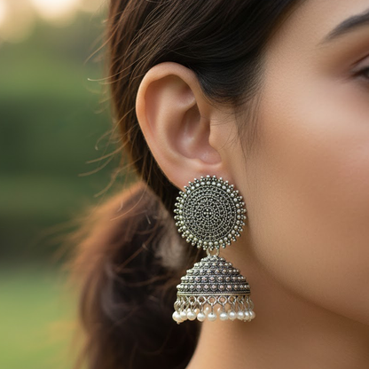 Oxidised Classic Metal Jhumkas with White Pearls