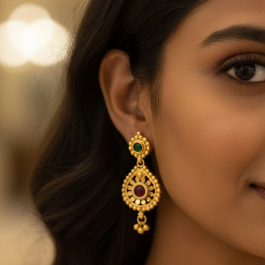 Gold Plated Red & Green Stones Hanging Earrings