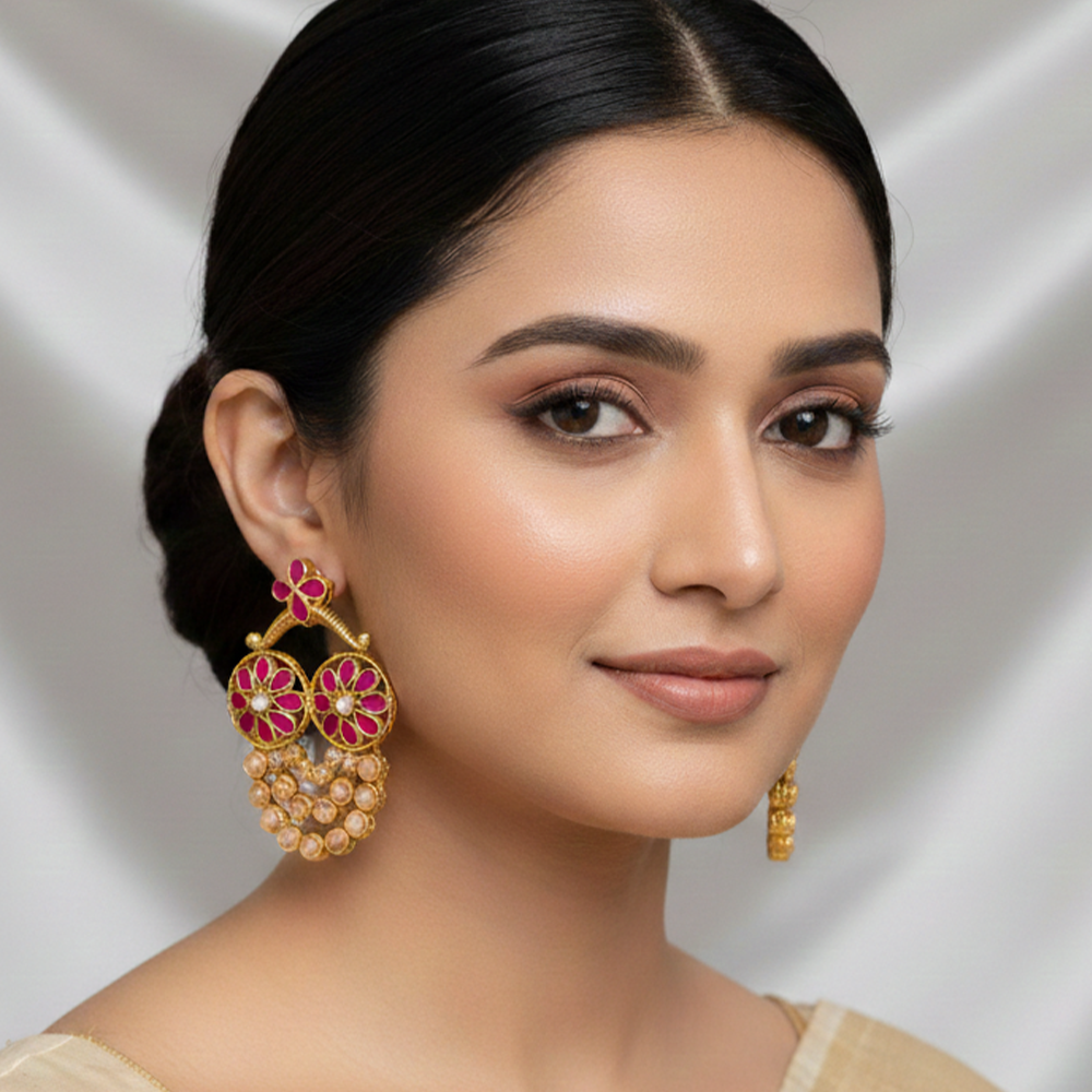 Three String Red & Kundan Stones Dropping Chandbali
