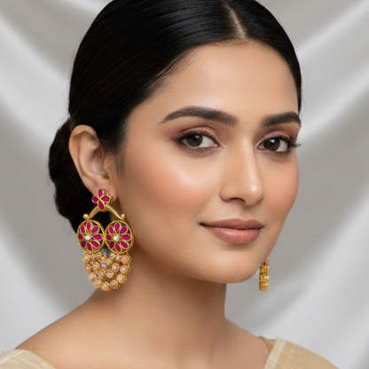 Three String Red & Kundan Stones Dropping Chandbali
