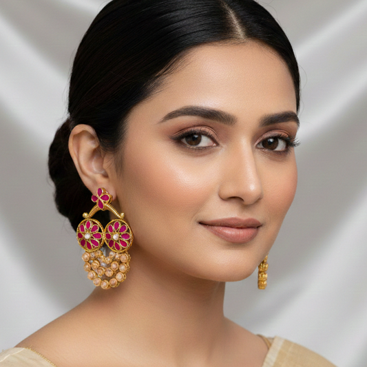 Three String Red & Kundan Stones Dropping Chandbali