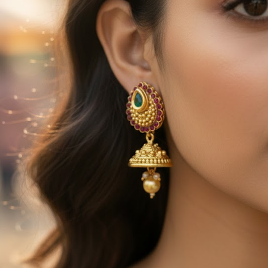 Leaf Stud Red & Green Stone Gold Plated Jhumka