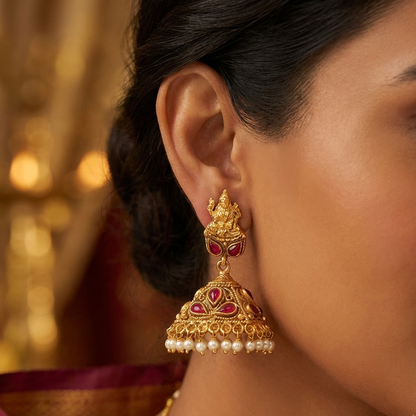Lakshmi Stud Color Stone Hanging Pearls Jhumka