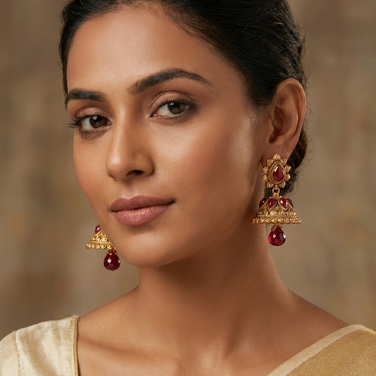 Red Stones Petal Pattern Jhumka with Hanging Beads