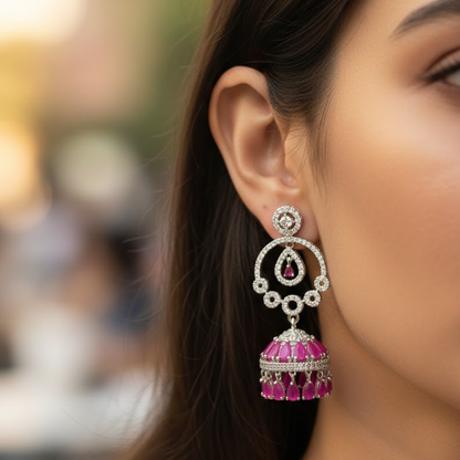Silver Plated White Stone Jhumka with Color Stones
