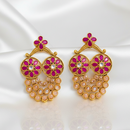 Three String Red & Kundan Stones Dropping Chandbali