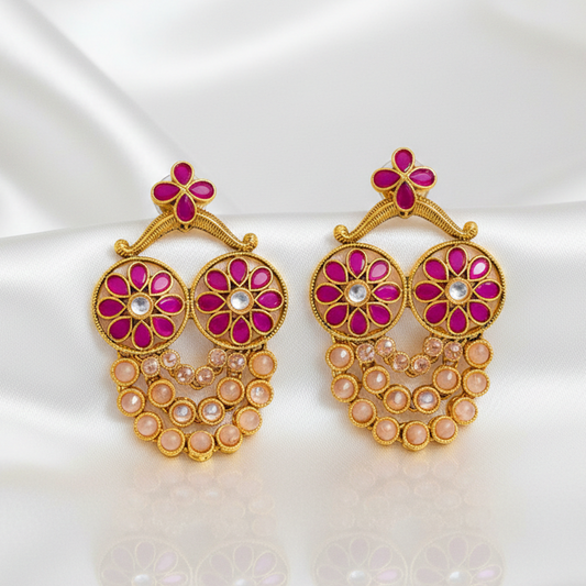 Three String Red & Kundan Stones Dropping Chandbali