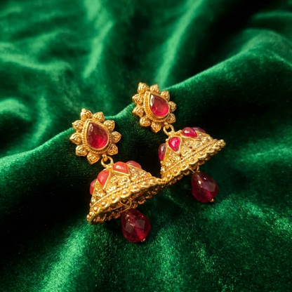 Red Stones Petal Pattern Jhumka with Hanging Beads