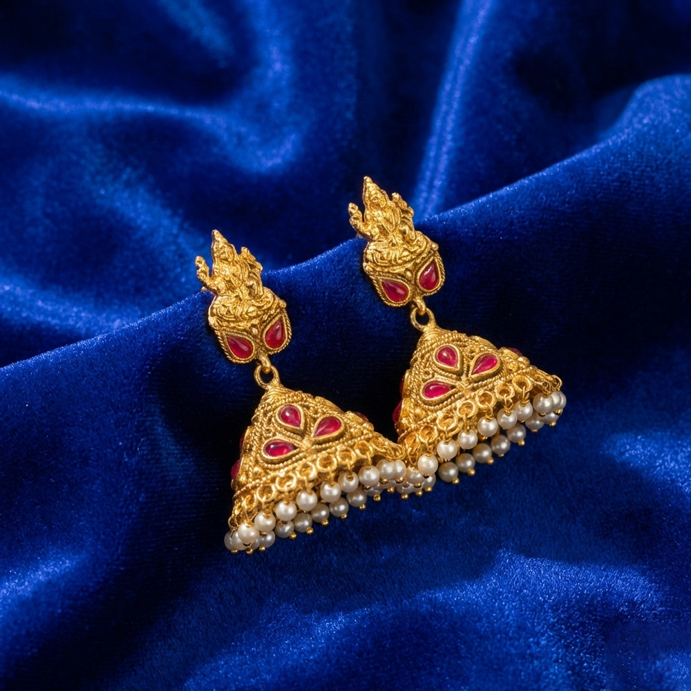 Lakshmi Stud Color Stone Hanging Pearls Jhumka