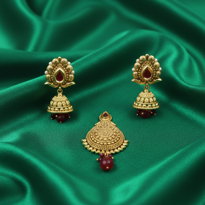 Traditional Red Stone Pendant Set with Red Hanging Beads