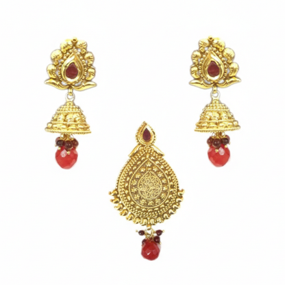 Traditional Red Stone Pendant Set with Red Hanging Beads
