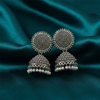 Oxidised Classic Metal Jhumkas with White Pearls
