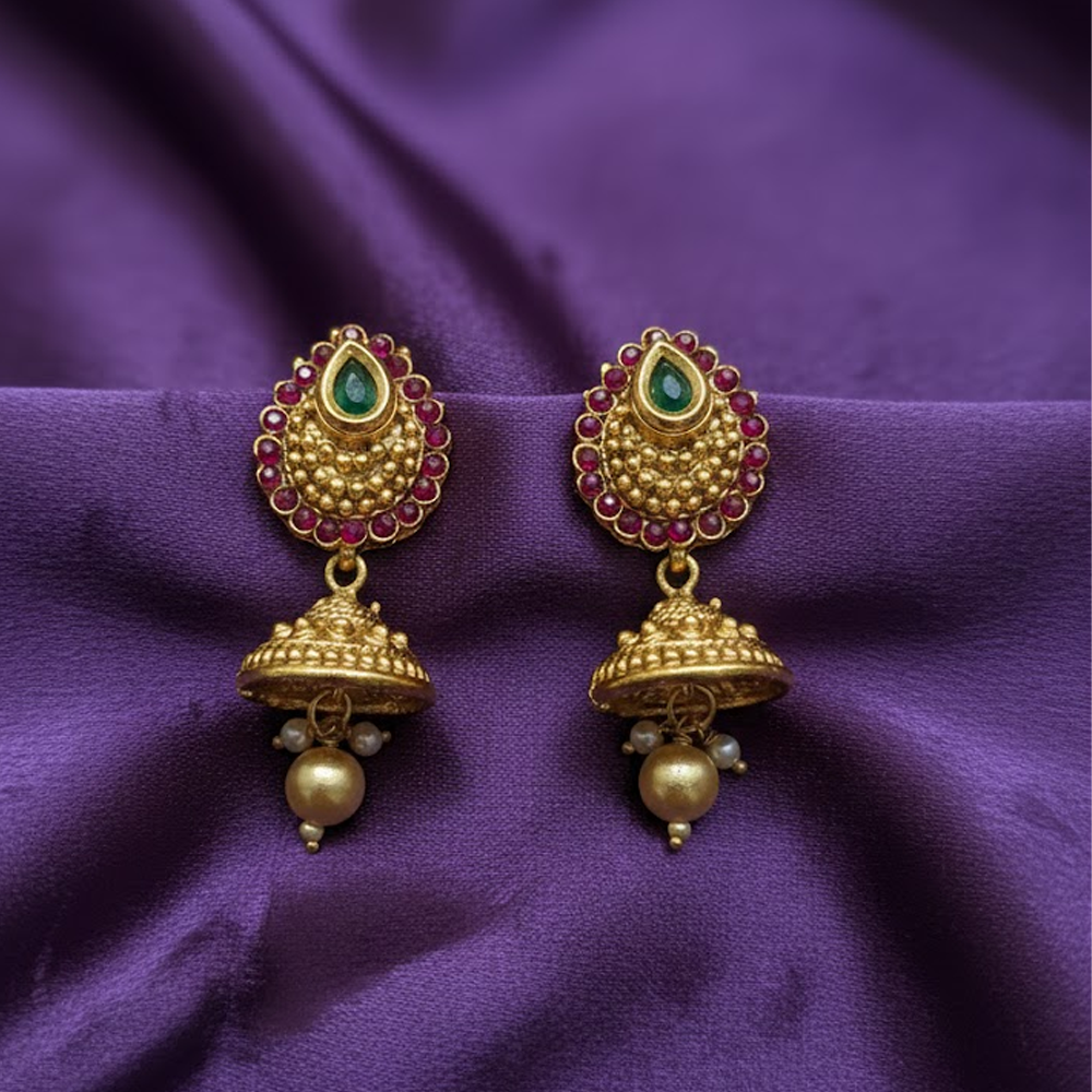 Leaf Stud Red & Green Stone Gold Plated Jhumka