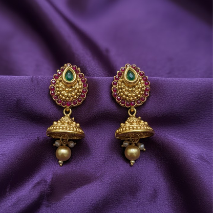 Leaf Stud Red & Green Stone Gold Plated Jhumka