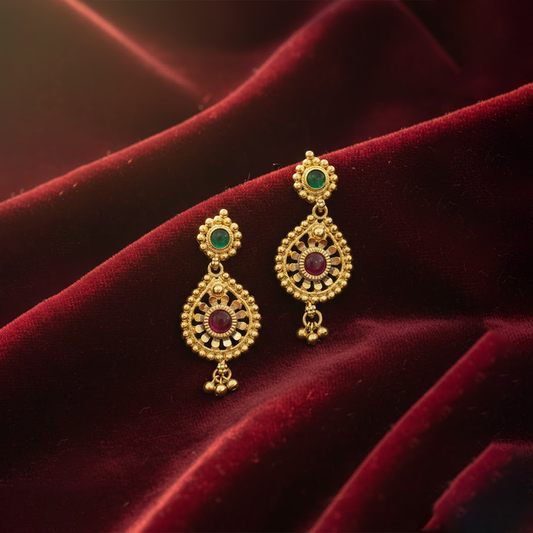 Gold Plated Red & Green Stones Hanging Earrings