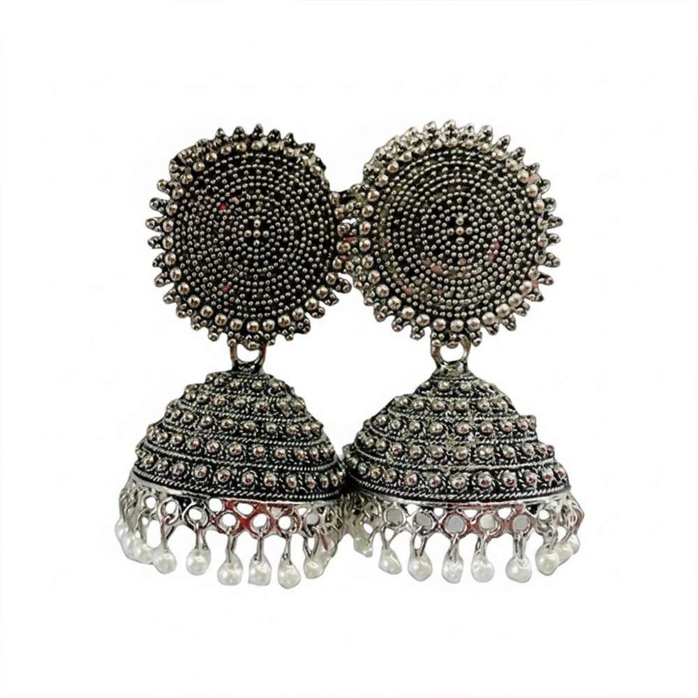 Oxidised Classic Metal Jhumkas with White Pearls