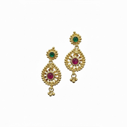 Gold Plated Red & Green Stones Hanging Earrings