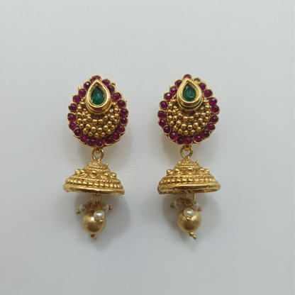 Leaf Stud Red & Green Stone Gold Plated Jhumka