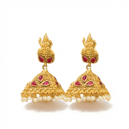 Lakshmi Stud Color Stone Hanging Pearls Jhumka