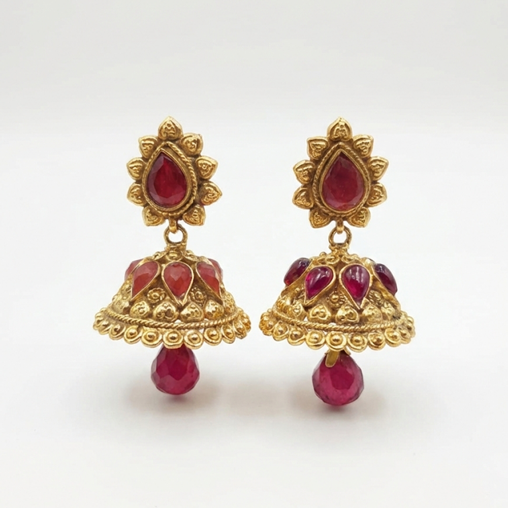 Red Stones Petal Pattern Jhumka with Hanging Beads