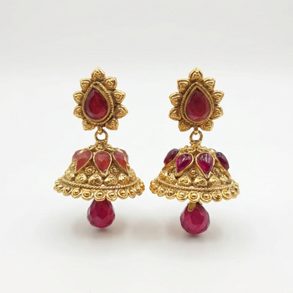 Red Stones Petal Pattern Jhumka with Hanging Beads