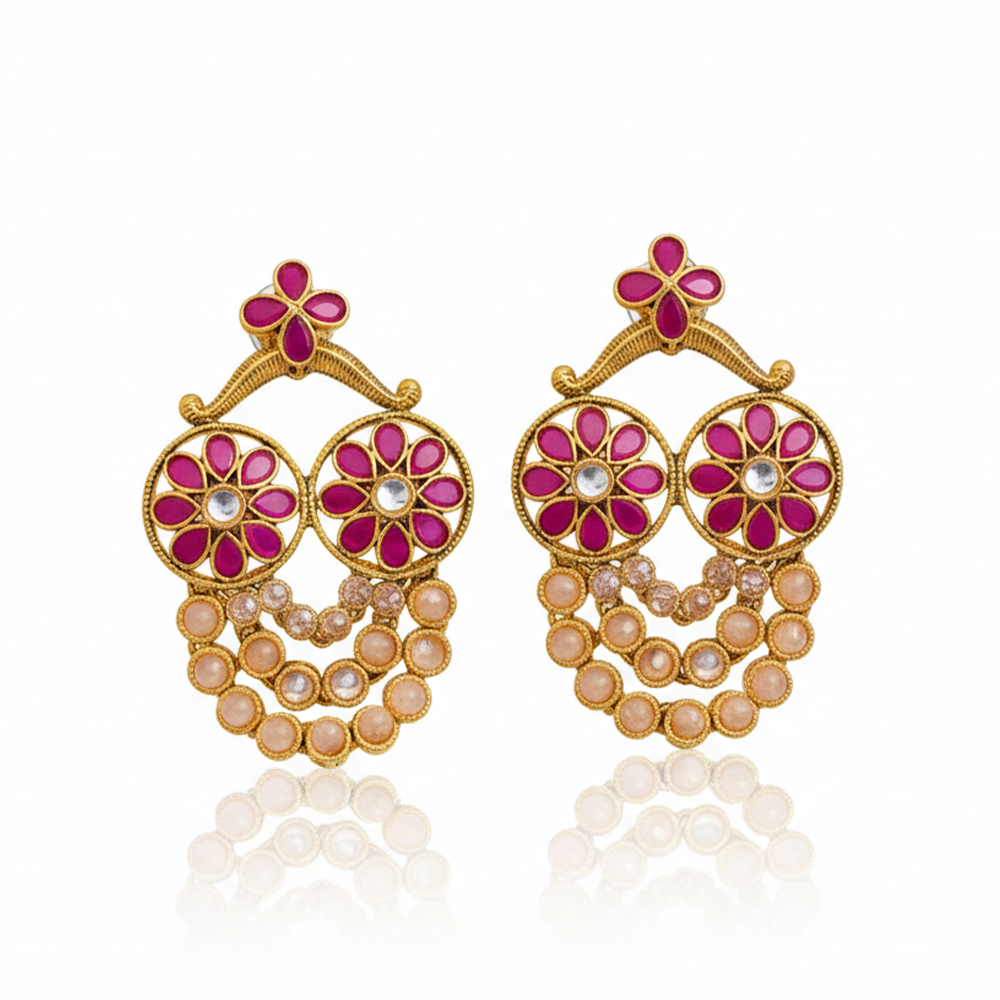 Three String Red & Kundan Stones Dropping Chandbali