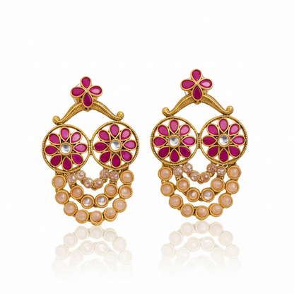 Three String Red & Kundan Stones Dropping Chandbali