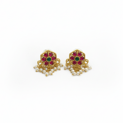 Red & Gren Stone Circle Studs with Hanging Pearls