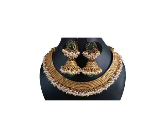 Choker Necklace With Small White Pearls & Green Stones