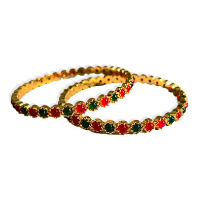GOLD PLATED KEMP BANGLES WITH ROUND OVAL RED AND GREEN STONES