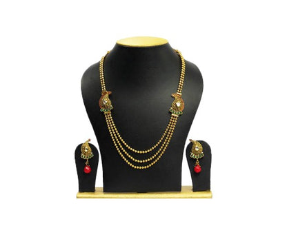 Maanga Design Three String Chain with Red & Green Stones