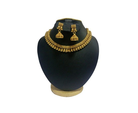 Gold Plated Chocker Necklace With Maanga Design Jhumkas