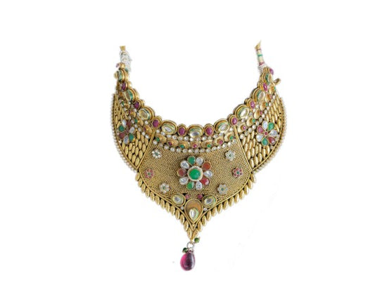 Gold Plated Choker Necklace With Peach Stones White