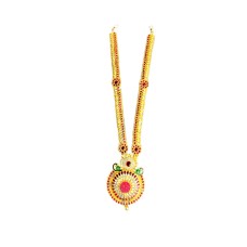 Gold Plated Grand Necklace With Red Stone and Green Small Peacock Design