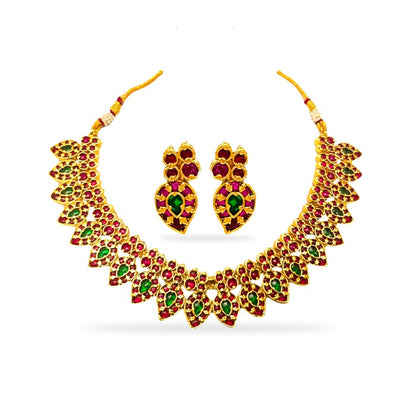 Manga Pattern Red and Green Stones Necklace with Manga Earring