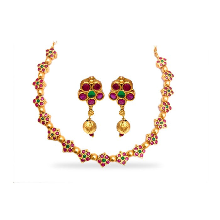 Gold Plated Necklace With Pink Green Floral Design