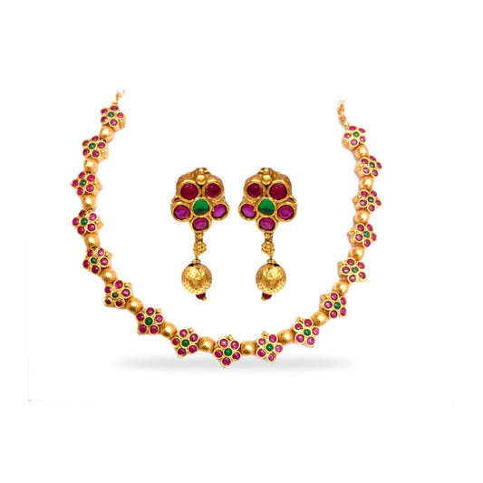 Gold Plated Necklace With Pink Green Floral Design